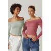 QINSEN Womens Off The Shoulder Tops Double Lined Long Sleeve T Shirts Slim Fitted Stretchy Crop Top(Merlot)