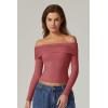 QINSEN Womens Off The Shoulder Tops Double Lined Long Sleeve T Shirts Slim Fitted Stretchy Crop Top(Merlot)