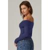 QINSEN Womens Off The Shoulder Tops Double Lined Long Sleeve T Shirts Slim Fitted Stretchy Crop Top(Navy Blue)