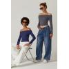 QINSEN Womens Off The Shoulder Tops Double Lined Long Sleeve T Shirts Slim Fitted Stretchy Crop Top(Navy Blue)