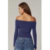 QINSEN Womens Off The Shoulder Tops Double Lined Long Sleeve T Shirts Slim Fitted Stretchy Crop Top(Navy Blue)