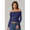 QINSEN Womens Off The Shoulder Tops Double Lined Long Sleeve T Shirts Slim Fitted Stretchy Crop Top(Navy Blue)