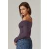 QINSEN Womens Off The Shoulder Tops Double Lined Long Sleeve T Shirts Slim Fitted Stretchy Crop Top(Prune Purple)