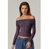 QINSEN Womens Off The Shoulder Tops Double Lined Long Sleeve T Shirts Slim Fitted Stretchy Crop Top(Prune Purple)