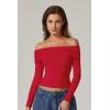 QINSEN Womens Off The Shoulder Tops Double Lined Long Sleeve T Shirts Slim Fitted Stretchy Crop Top(Red)