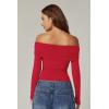 QINSEN Womens Off The Shoulder Tops Double Lined Long Sleeve T Shirts Slim Fitted Stretchy Crop Top(Red)
