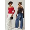 QINSEN Womens Off The Shoulder Tops Double Lined Long Sleeve T Shirts Slim Fitted Stretchy Crop Top(Red)