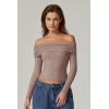 QINSEN Womens Off The Shoulder Tops Double Lined Long Sleeve T Shirts Slim Fitted Stretchy Crop Top(Rose Taupe)