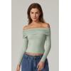 QINSEN Womens Off The Shoulder Tops Double Lined Long Sleeve T Shirts Slim Fitted Stretchy Crop Top(Smoke Green)