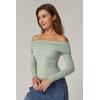 QINSEN Womens Off The Shoulder Tops Double Lined Long Sleeve T Shirts Slim Fitted Stretchy Crop Top(Smoke Green)