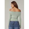 QINSEN Womens Off The Shoulder Tops Double Lined Long Sleeve T Shirts Slim Fitted Stretchy Crop Top(Smoke Green)