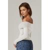 QINSEN Womens Off The Shoulder Tops Double Lined Long Sleeve T Shirts Slim Fitted Stretchy Crop Top(Splashed White)