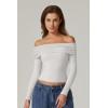 QINSEN Womens Off The Shoulder Tops Double Lined Long Sleeve T Shirts Slim Fitted Stretchy Crop Top(Splashed White)