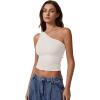 QINSEN Women’s One Shoulder Tank Tops Double Lined Sleeveless Slim Fit Cropped Tee Shirt Y2k Tops(Beige)