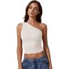 QINSEN Women’s One Shoulder Tank Tops Double Lined Sleeveless Slim Fit Cropped Tee Shirt Y2k Tops(Beige)