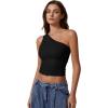 QINSEN Women’s One Shoulder Tank Tops Double Lined Sleeveless Slim Fit Cropped Tee Shirt Y2k Tops(Black)