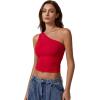 QINSEN Women’s One Shoulder Tank Tops Double Lined Sleeveless Slim Fit Cropped Tee Shirt Y2k Tops(Fairy Red)