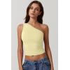 QINSEN Women’s One Shoulder Tank Tops Double Lined Sleeveless Slim Fit Cropped Tee Shirt Y2k Tops(Light Yellow)