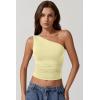 QINSEN Women’s One Shoulder Tank Tops Double Lined Sleeveless Slim Fit Cropped Tee Shirt Y2k Tops(Light Yellow)