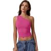 QINSEN Women’s One Shoulder Tank Tops Double Lined Sleeveless Slim Fit Cropped Tee Shirt Y2k Tops(Magenta)