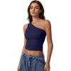 QINSEN Women’s One Shoulder Tank Tops Double Lined Sleeveless Slim Fit Cropped Tee Shirt Y2k Tops(Navy)