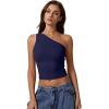 QINSEN Women’s One Shoulder Tank Tops Double Lined Sleeveless Slim Fit Cropped Tee Shirt Y2k Tops(Navy)