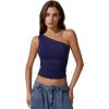 QINSEN Women’s One Shoulder Tank Tops Double Lined Sleeveless Slim Fit Cropped Tee Shirt Y2k Tops(Navy)