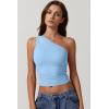 QINSEN Women’s One Shoulder Tank Tops Double Lined Sleeveless Slim Fit Cropped Tee Shirt Y2k Tops(Sky Blue)