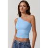 QINSEN Women’s One Shoulder Tank Tops Double Lined Sleeveless Slim Fit Cropped Tee Shirt Y2k Tops(Sky Blue)