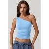 QINSEN Women’s One Shoulder Tank Tops Double Lined Sleeveless Slim Fit Cropped Tee Shirt Y2k Tops(Sky Blue)