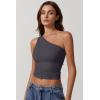 QINSEN Women’s One Shoulder Tank Tops Double Lined Sleeveless Slim Fit Cropped Tee Shirt Y2k Tops(Tea Leaf)