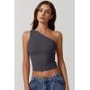 QINSEN Women’s One Shoulder Tank Tops Double Lined Sleeveless Slim Fit Cropped Tee Shirt Y2k Tops(Tea Leaf)