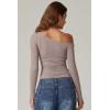 QINSEN Women’s Sexy Off Shoulder Shirt Long Sleeve Double Lined Tops Side Ruched Fitted Tees(Rose Taupe)