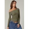 QINSEN Women’s Sexy Off Shoulder Shirt Long Sleeve Double Lined Tops Side Ruched Fitted Tees(Sagebrush Green)