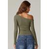 QINSEN Women’s Sexy Off Shoulder Shirt Long Sleeve Double Lined Tops Side Ruched Fitted Tees(Sagebrush Green)