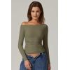 QINSEN Women’s Sexy Off Shoulder Shirt Long Sleeve Double Lined Tops Side Ruched Fitted Tees(Sagebrush Green)