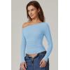 QINSEN Women’s Sexy Off Shoulder Shirt Long Sleeve Double Lined Tops Side Ruched Fitted Tees(Sky Blue)