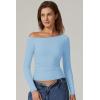 QINSEN Women’s Sexy Off Shoulder Shirt Long Sleeve Double Lined Tops Side Ruched Fitted Tees(Sky Blue)