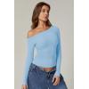 QINSEN Women’s Sexy Off Shoulder Shirt Long Sleeve Double Lined Tops Side Ruched Fitted Tees(Sky Blue)