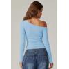 QINSEN Women’s Sexy Off Shoulder Shirt Long Sleeve Double Lined Tops Side Ruched Fitted Tees(Sky Blue)