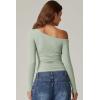 QINSEN Women’s Sexy Off Shoulder Shirt Long Sleeve Double Lined Tops Side Ruched Fitted Tees(Smoke Green)