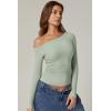 QINSEN Women’s Sexy Off Shoulder Shirt Long Sleeve Double Lined Tops Side Ruched Fitted Tees(Smoke Green)