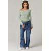 QINSEN Women’s Sexy Off Shoulder Shirt Long Sleeve Double Lined Tops Side Ruched Fitted Tees(Smoke Green)