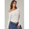 QINSEN Women’s Sexy Off Shoulder Shirt Long Sleeve Double Lined Tops Side Ruched Fitted Tees(White)