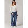 QINSEN Women’s Sexy Off Shoulder Shirt Long Sleeve Double Lined Tops Side Ruched Fitted Tees(White)