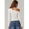 QINSEN Women’s Sexy Off Shoulder Shirt Long Sleeve Double Lined Tops Side Ruched Fitted Tees(White)