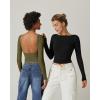 QINSEN Women’s Sexy Open Back Long Sleeve Shirts High Neck Double Lined Tees Fitted Going Out Tops(Black)