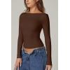 QINSEN Women’s Sexy Open Back Long Sleeve Shirts High Neck Double Lined Tees Fitted Going Out Tops(Coffee Bean)