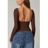 QINSEN Women’s Sexy Open Back Long Sleeve Shirts High Neck Double Lined Tees Fitted Going Out Tops(Coffee Bean)