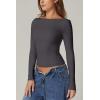 QINSEN Women’s Sexy Open Back Long Sleeve Shirts High Neck Double Lined Tees Fitted Going Out Tops(Dark Grey)